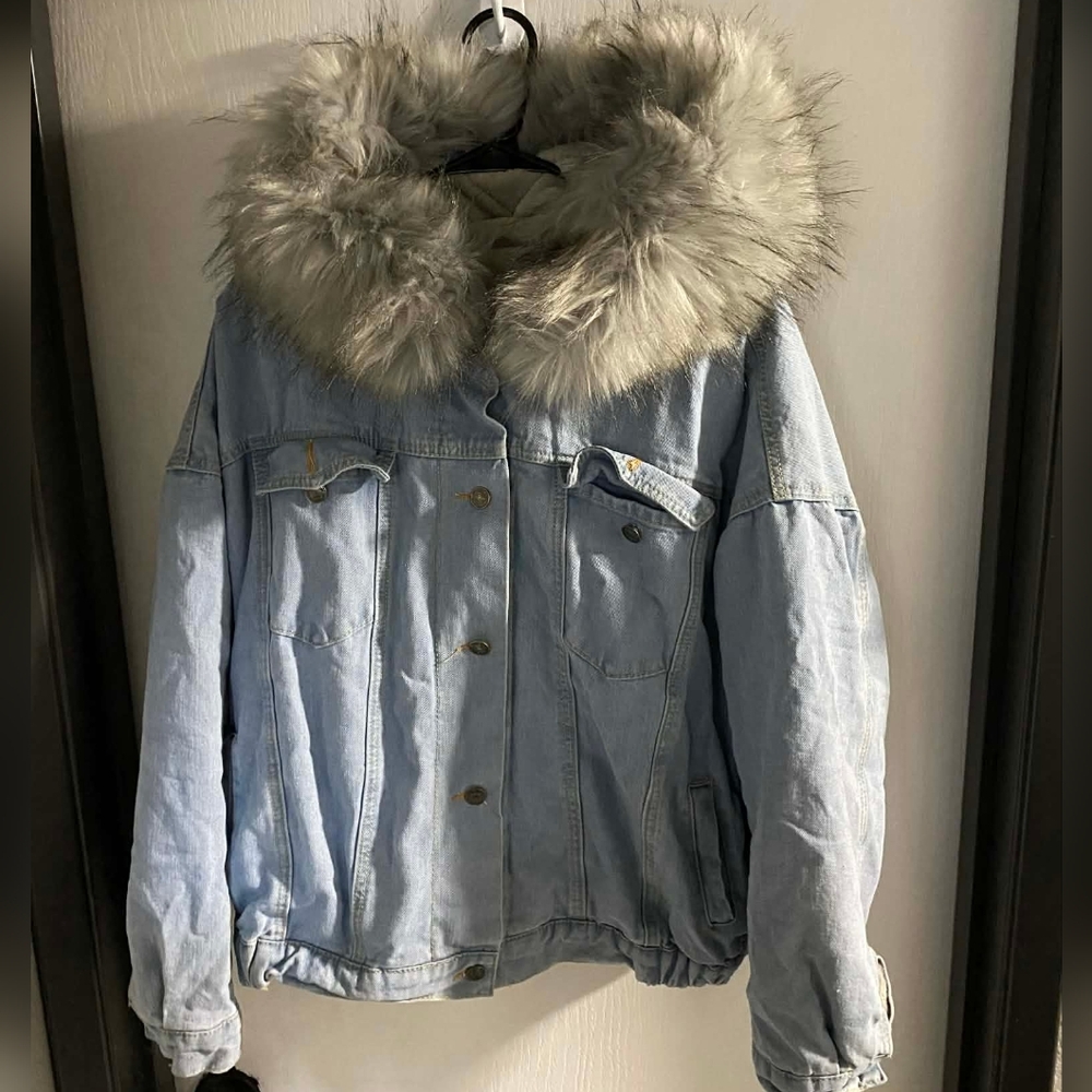 Light Blue Denim Jacket with Faux Fur Collar